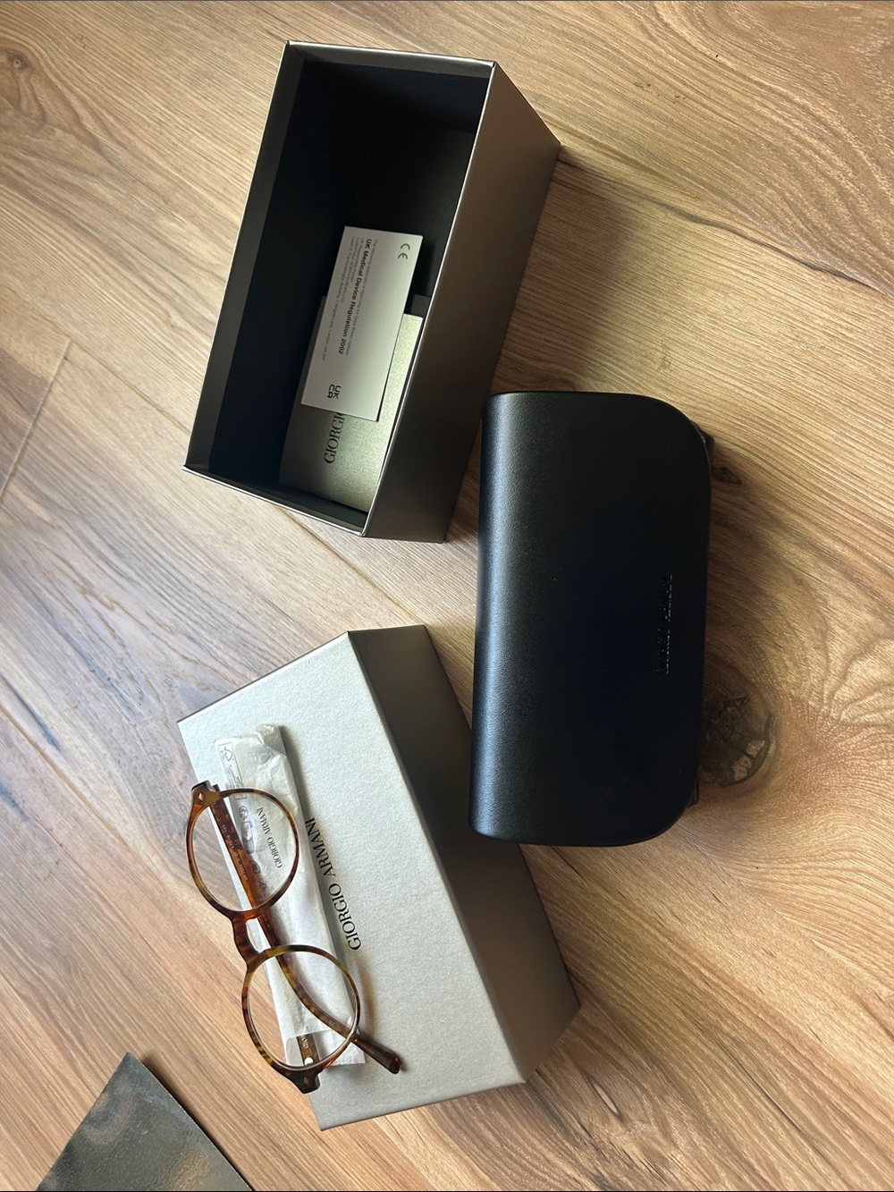 Giorgio Armani Black Leather Eyewear Case with Tortoiseshell Glasses